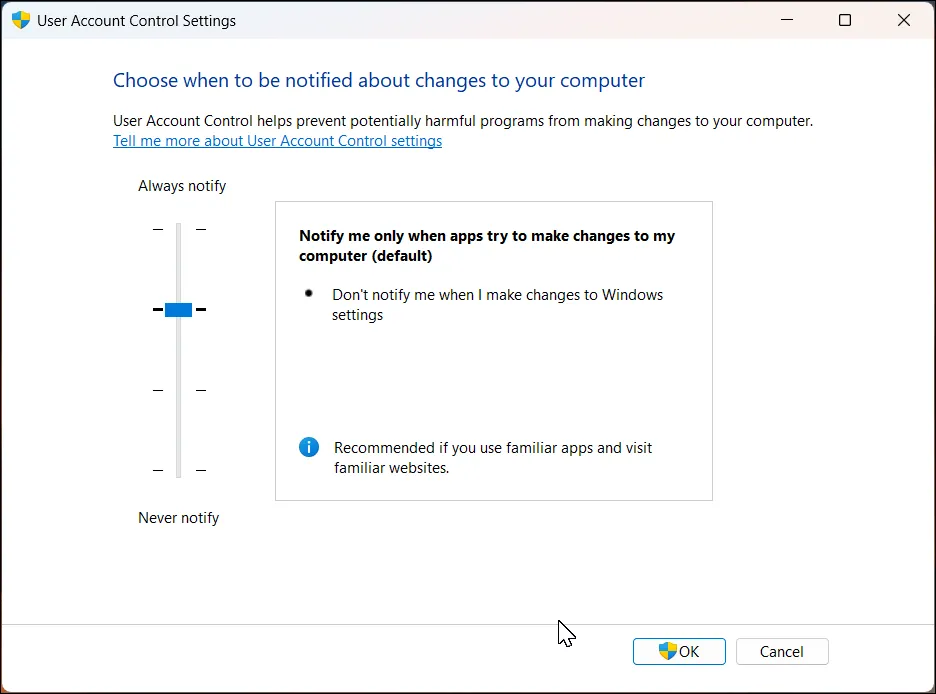 Cửa sổ Cài đặt kiểm soát tài khoản người dùng UAC trong Windows 11