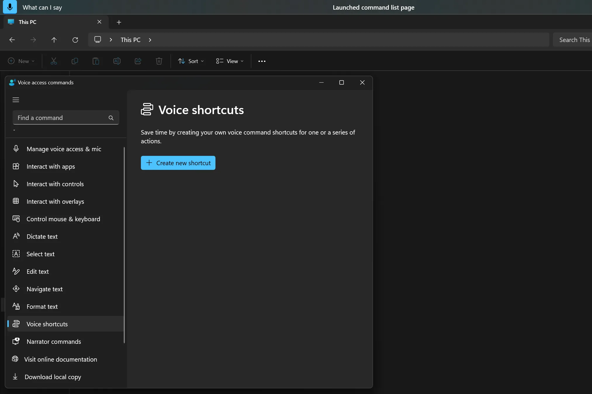 Cửa sổ cài đặt Phím tắt giọng nói trong tính năng Voice Access của Windows 11.