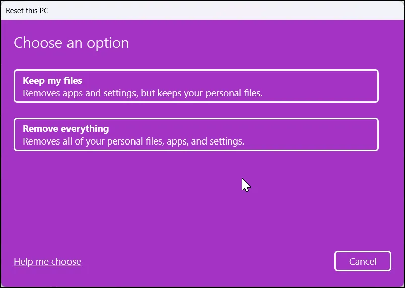 Cửa sổ 'Đặt lại PC này' (Reset this PC) với các tùy chọn khôi phục trên Windows 11