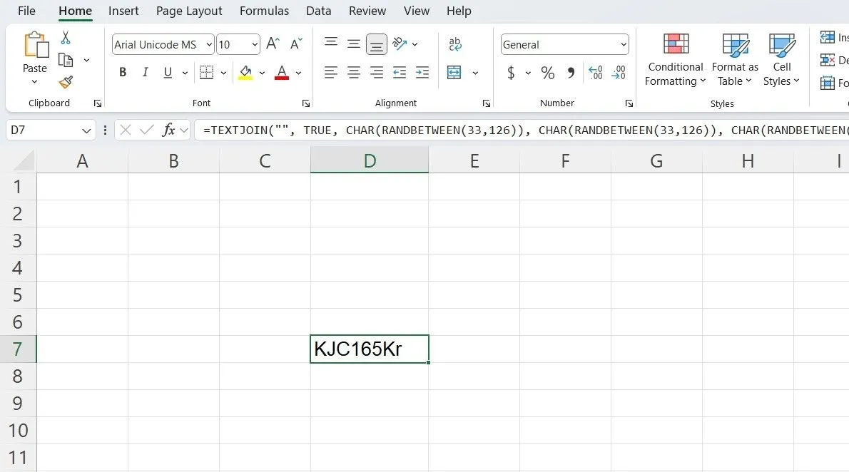 Cửa sổ Excel hiển thị công thức và kết quả mật khẩu ngẫu nhiên được tạo tự động trong một ô tính