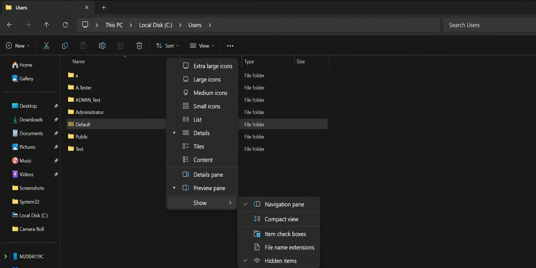 Cửa sổ File Explorer hiển thị tùy chọn 'Hidden items' trong mục 'Show' để hiện tệp ẩn