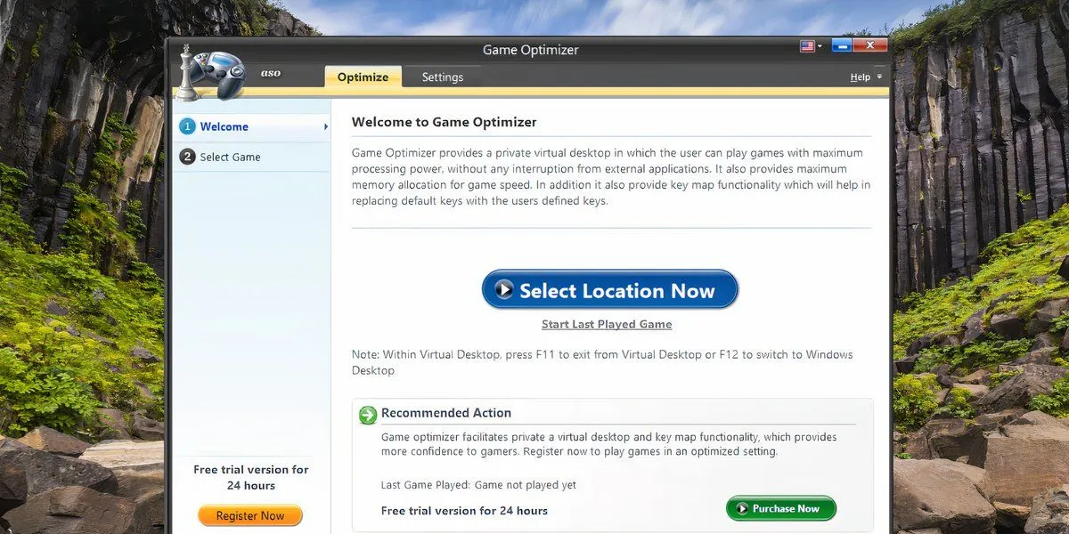 Cửa sổ Game Optimizer trong Advanced System Optimizer trên Windows 11 giúp tối ưu hóa cài đặt trò chơi và tạo môi trường ảo.