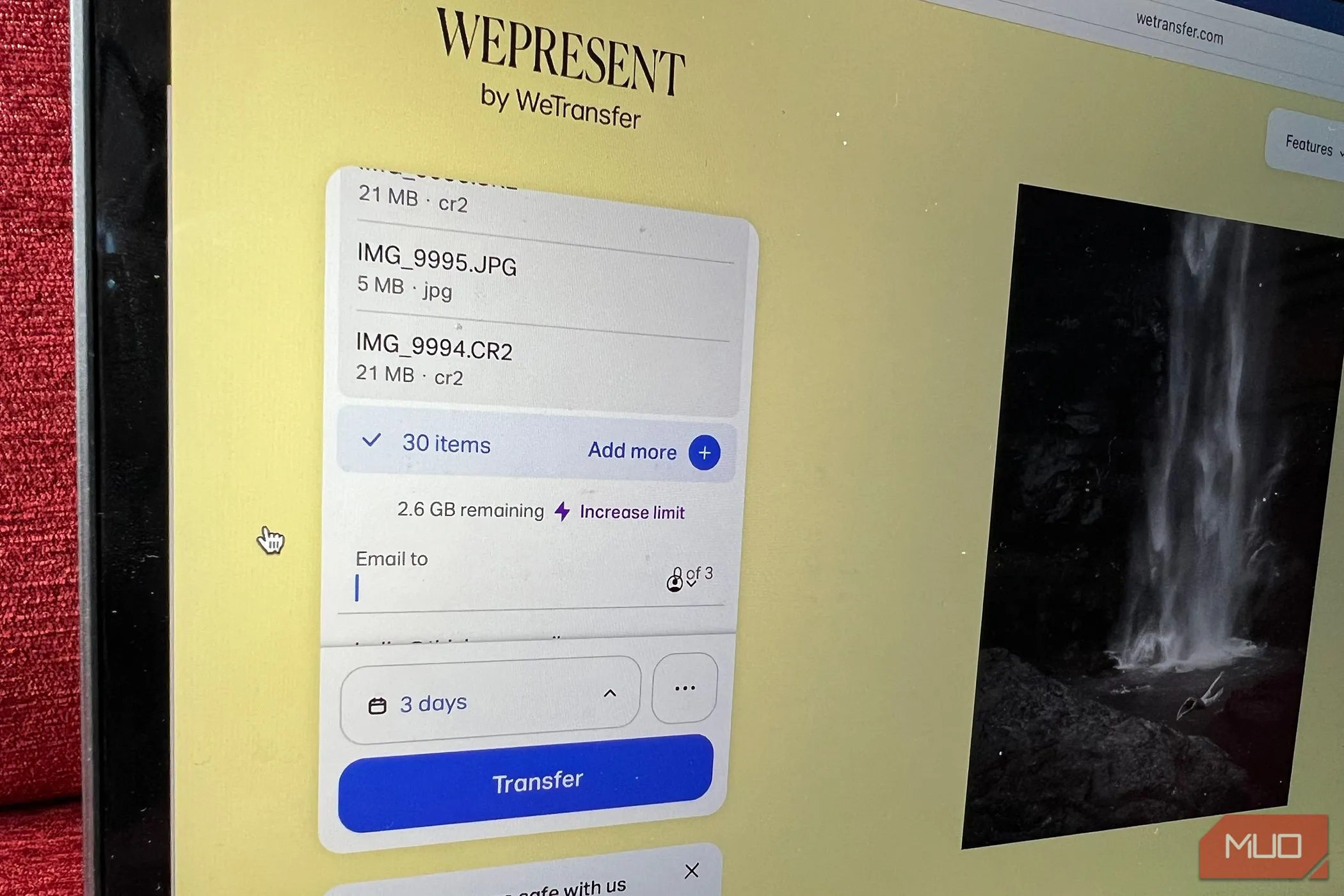 Cửa sổ hiển thị giới hạn dung lượng 3GB trên WeTransfer miễn phí