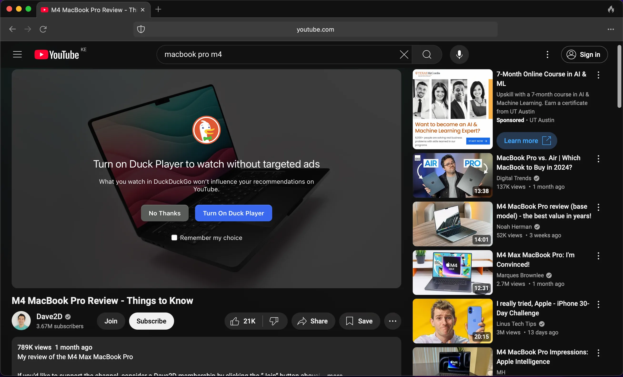 Cửa sổ lựa chọn kích hoạt Duck Player để xem video YouTube riêng tư trên trình duyệt DuckDuckGo