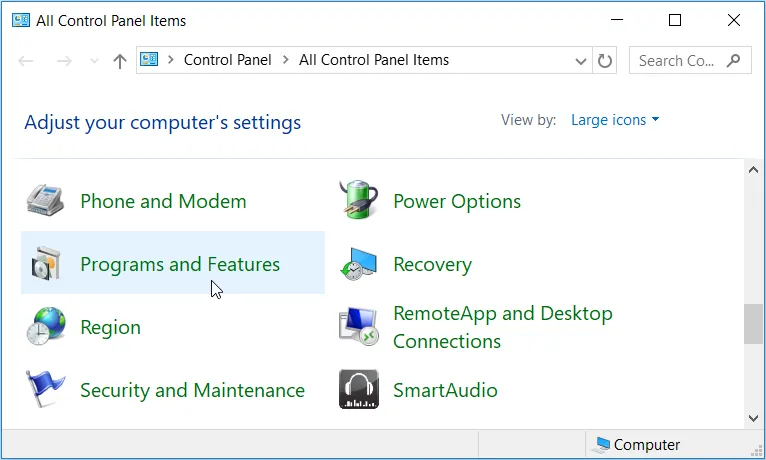 Cửa sổ Programs and Features trong Control Panel của Windows