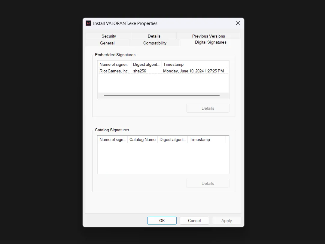 Cửa sổ Properties của một tệp tin hiển thị tab Digital Signatures với thông tin về nhà phát hành