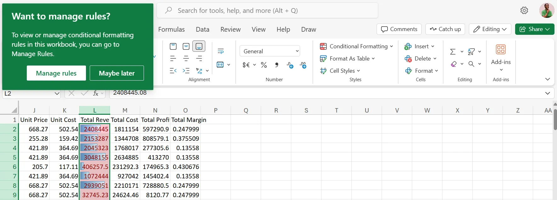 Cửa sổ quản lý quy tắc định dạng có điều kiện (Manage Rules) trong Excel Online khi sử dụng Data Bars.