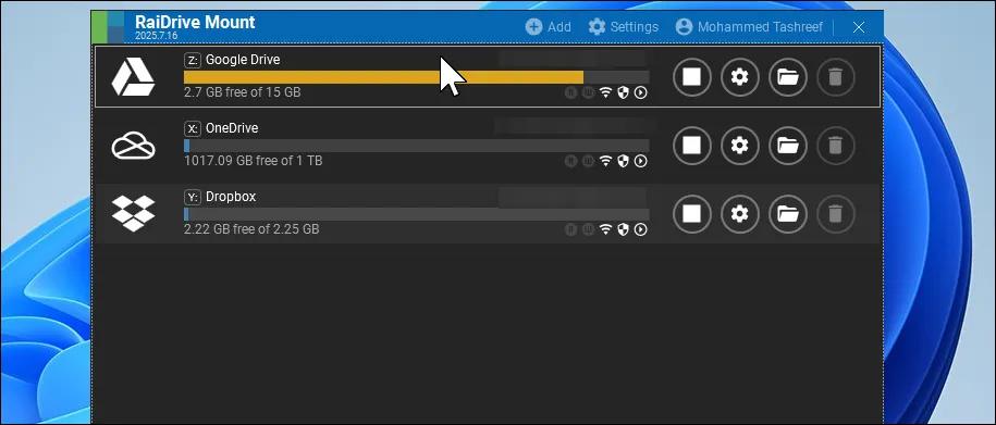 Cửa sổ RaiDrive hiển thị các ổ đĩa đám mây đã được gắn kết trên máy tính Windows 11, sẵn sàng để truy cập và quản lý tập tin.