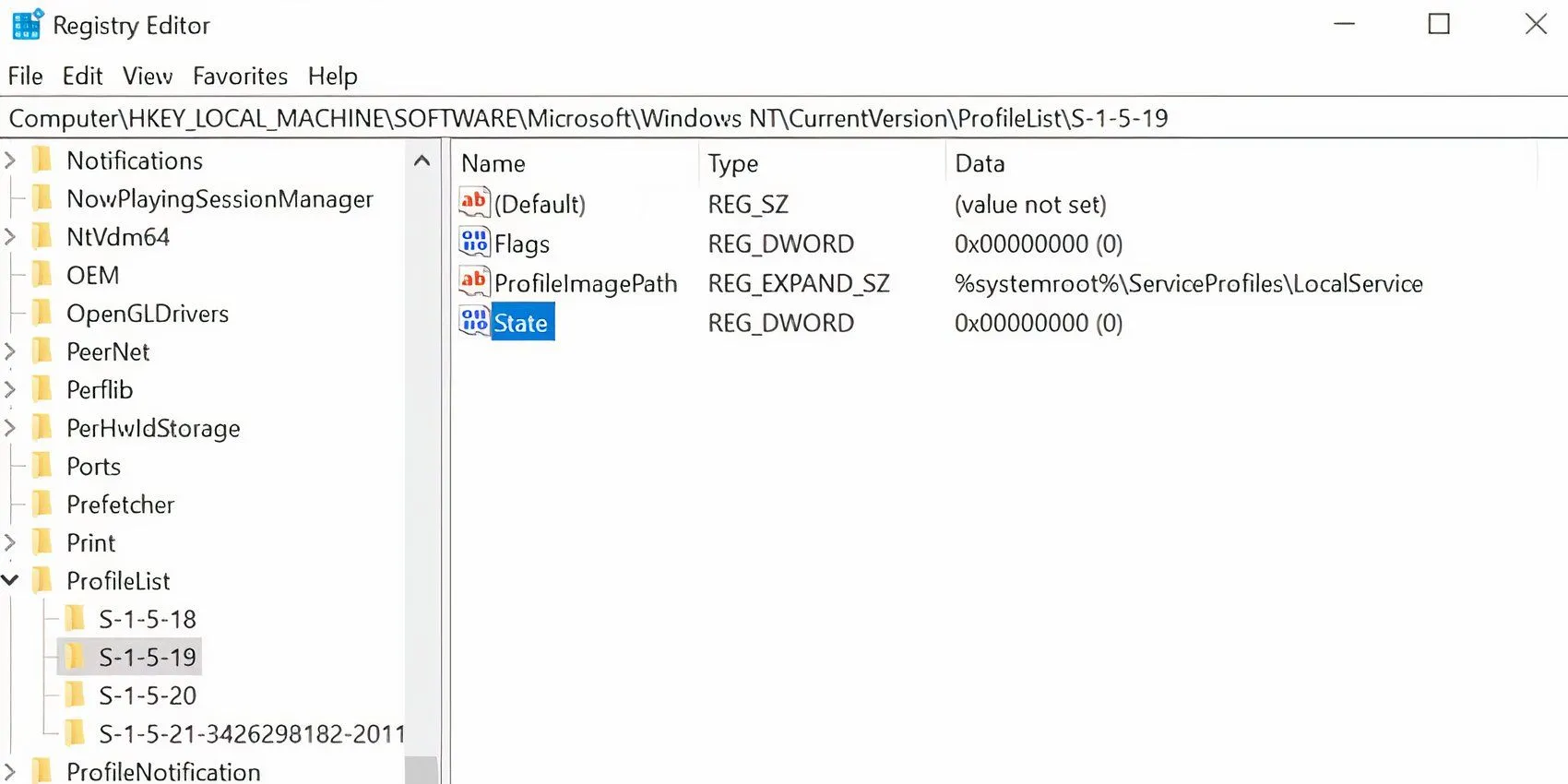 Cửa sổ Registry Editor hiển thị khóa con Profile List cần chỉnh sửa