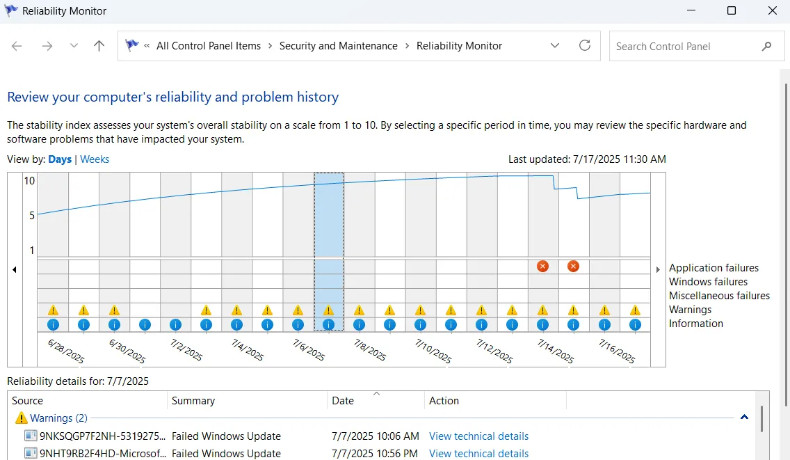 Cửa sổ Reliability Monitor trong Windows 11, hiển thị biểu đồ thời gian về độ ổn định và các sự kiện hệ thống quan trọng.