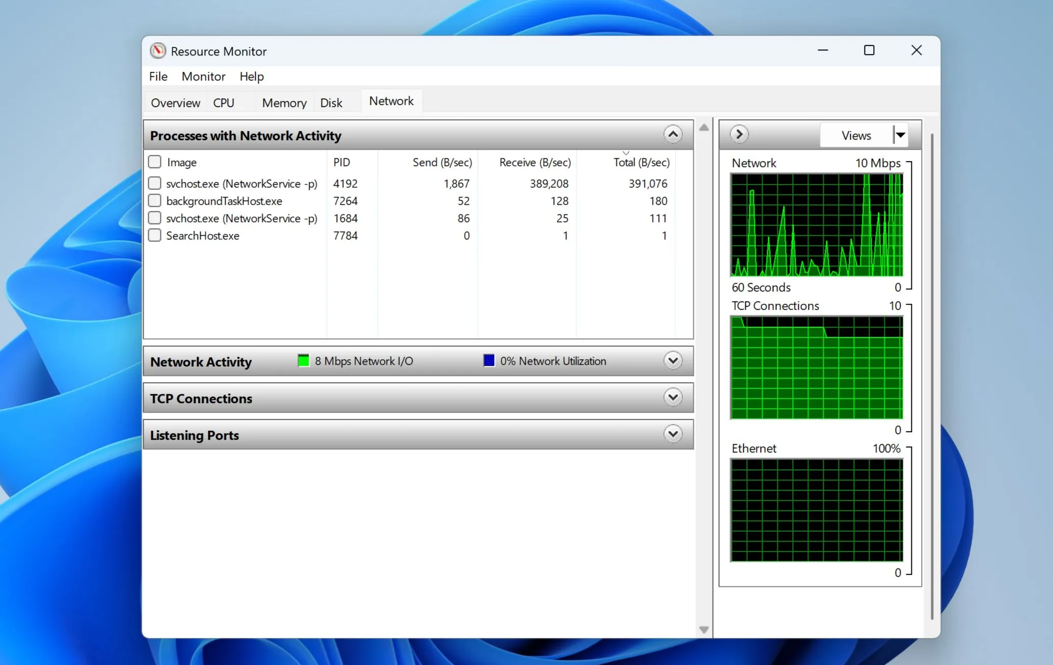 Cửa sổ Resource Monitor trên Windows 11 hiển thị mức độ sử dụng tài nguyên mạng, giúp theo dõi hiệu suất hệ thống chi tiết.