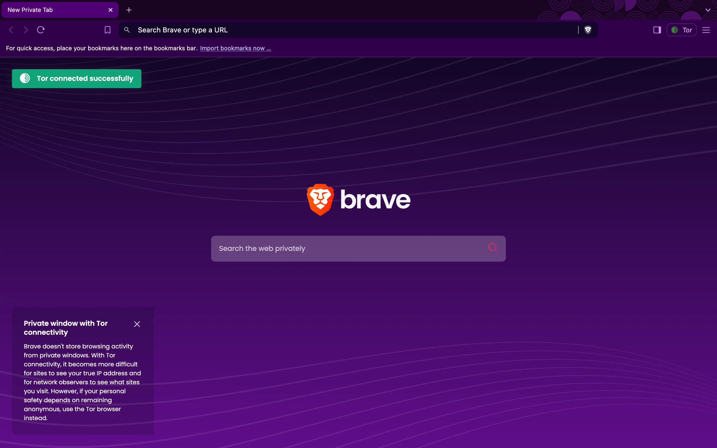 Cửa sổ riêng tư của trình duyệt Brave với chế độ Tor đang hoạt động.