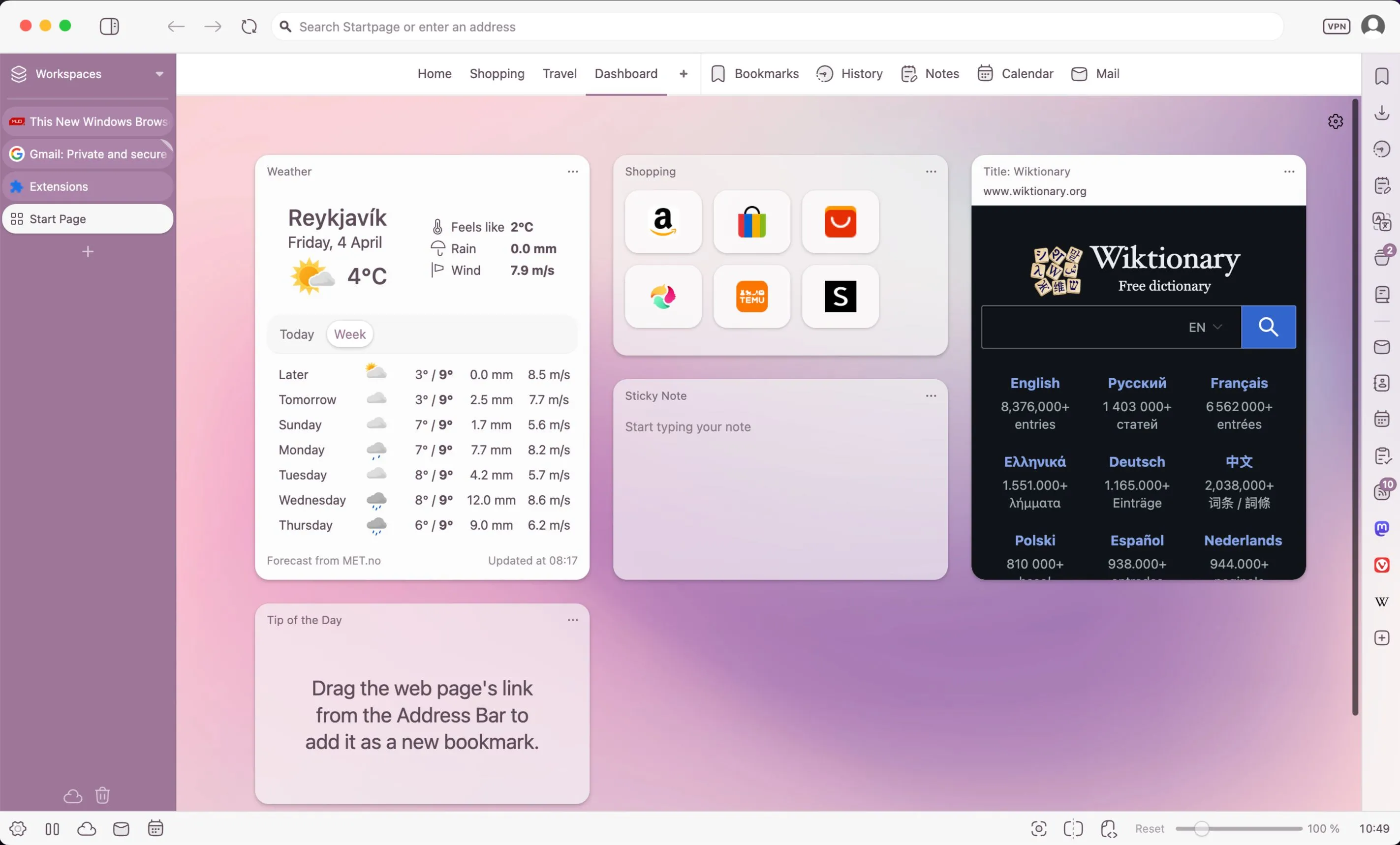 Cửa sổ tab mới của trình duyệt Vivaldi hiển thị bảng điều khiển tùy chỉnh với các tiện ích tích hợp