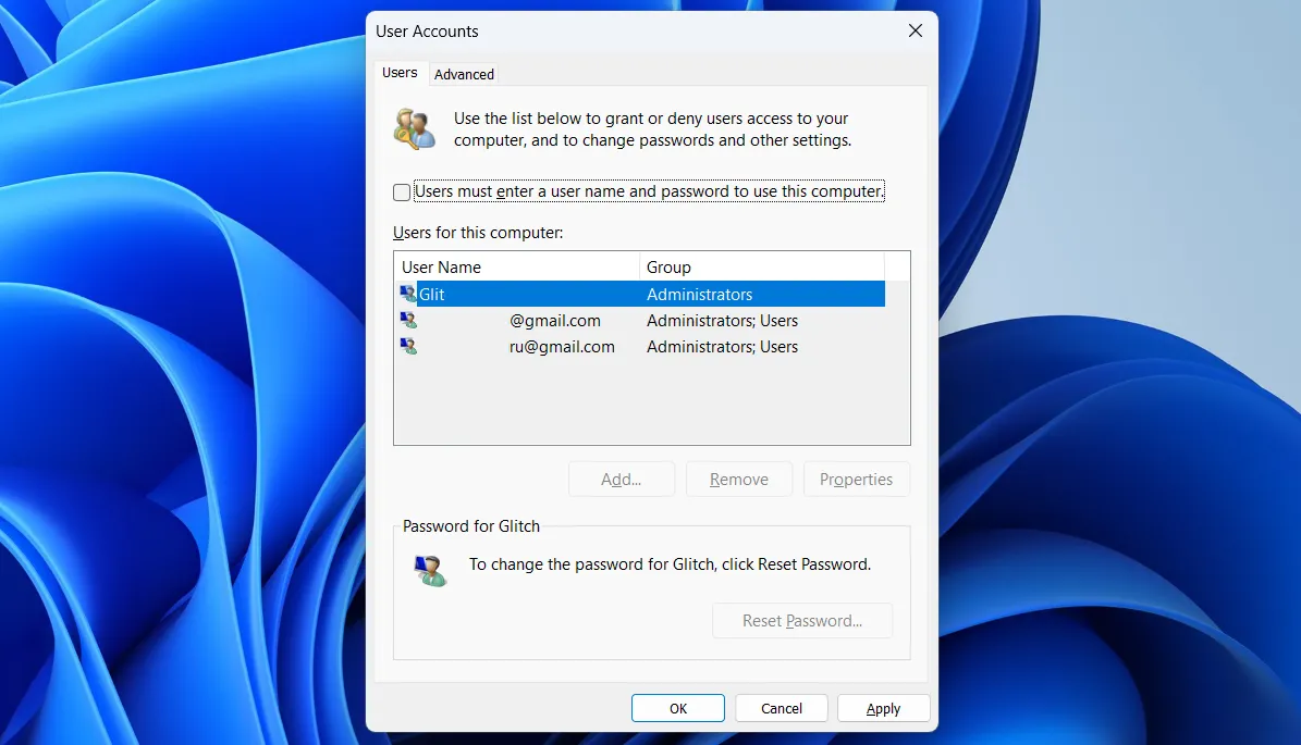 Cửa sổ Tài khoản Người dùng trong Windows 11