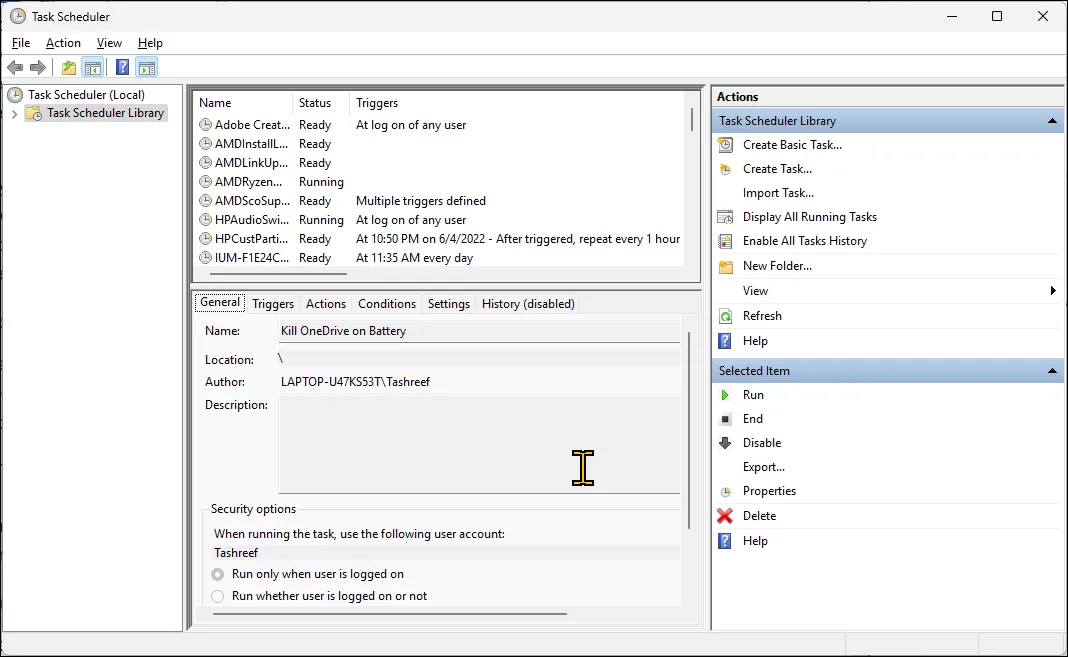 Cửa sổ tạo tác vụ mới trong công cụ Task Scheduler tích hợp trên Windows 11