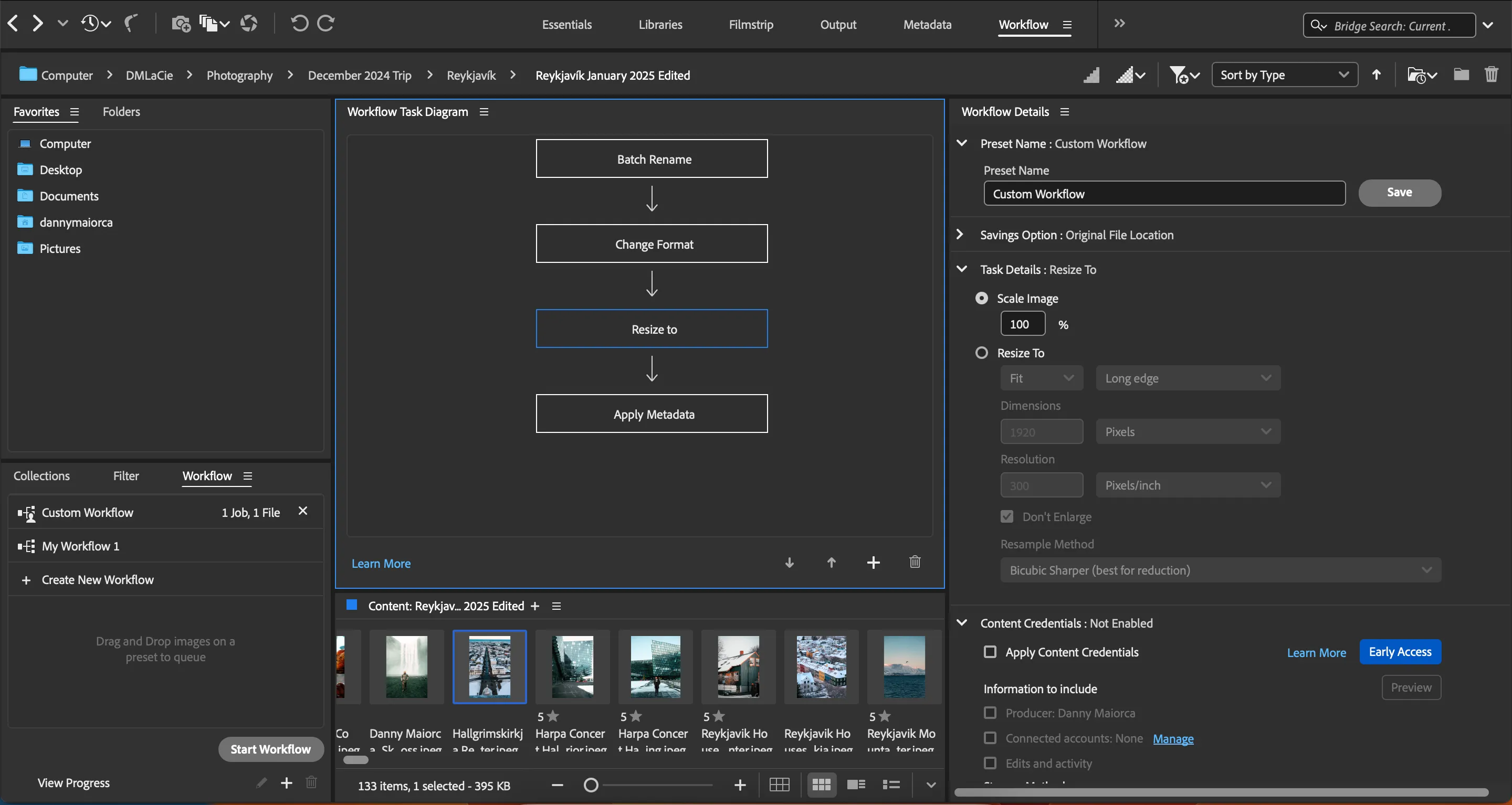 Cửa sổ thiết lập thay đổi kích thước ảnh trong tính năng tự động hóa của Adobe Bridge