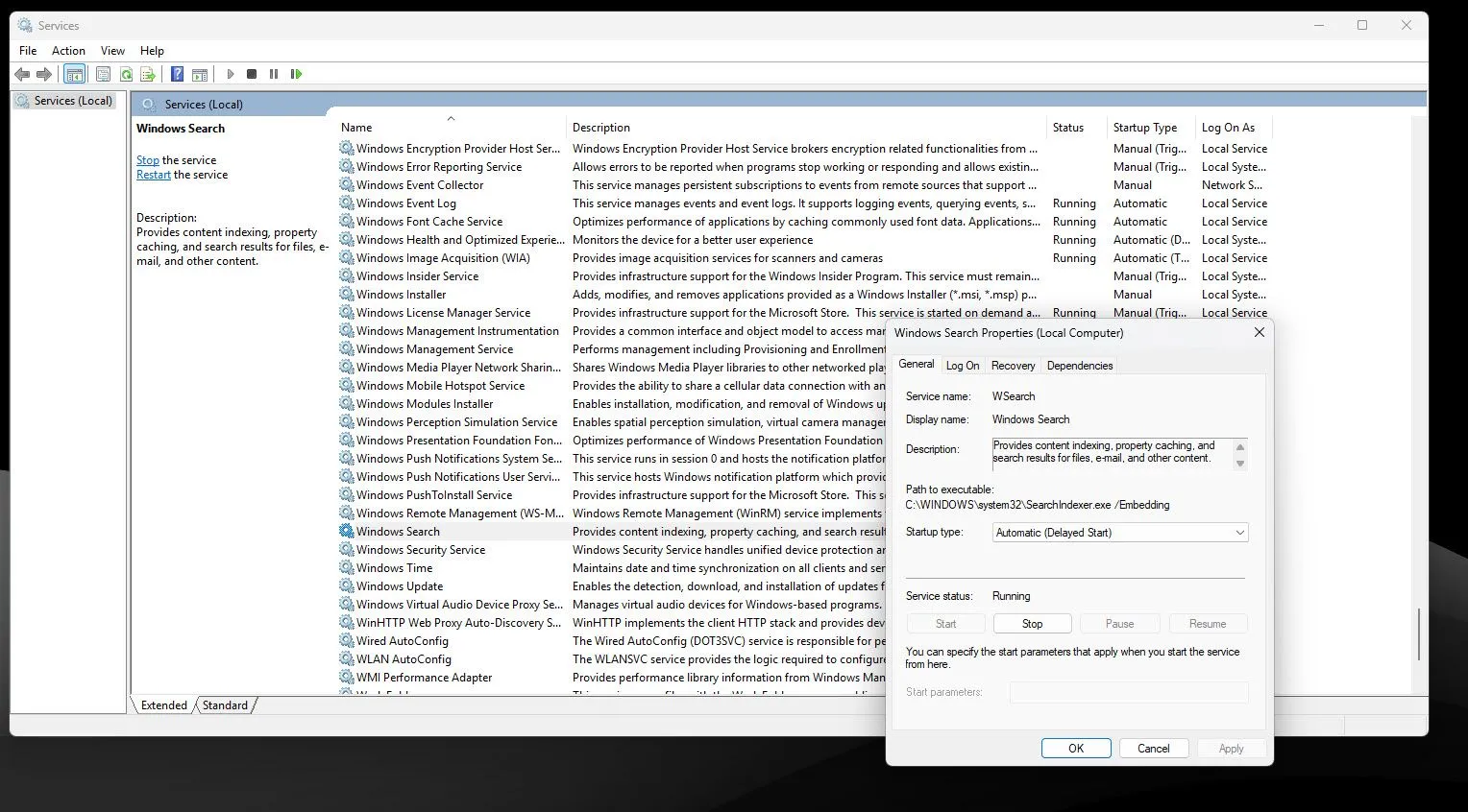 Cửa sổ thuộc tính dịch vụ Windows Search trong Service Manager, hiển thị tùy chọn vô hiệu hóa và dừng dịch vụ