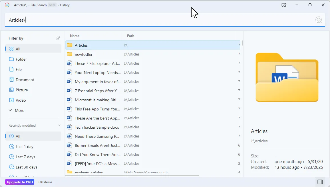 Cửa sổ tìm kiếm file đầy đủ của Listary hiển thị thông tin chi tiết và tùy chọn xem trước