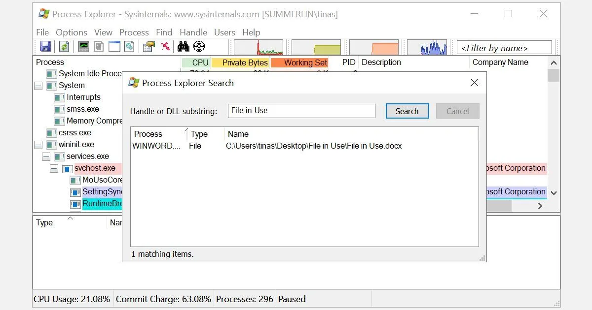 Cửa sổ tìm kiếm &quot;Find Handle or DLL&quot; của công cụ Process Explorer, giúp xác định tiến trình đang giữ tệp.