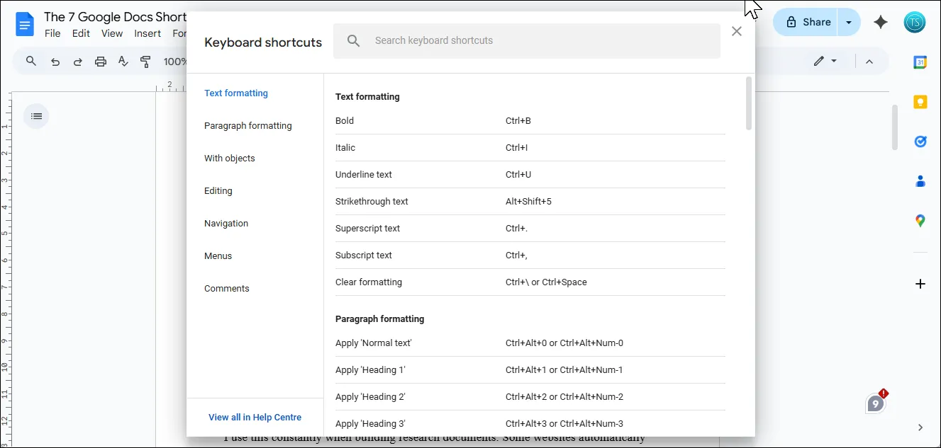 Cửa sổ tổng hợp tất cả phím tắt Google Docs, hỗ trợ tìm kiếm và phân loại để người dùng dễ dàng tra cứu.
