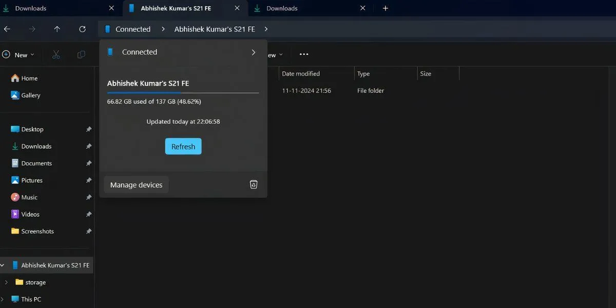 Cửa sổ trạng thái kết nối điện thoại di động trong File Explorer Windows 11, hiển thị thông tin thiết bị và dung lượng