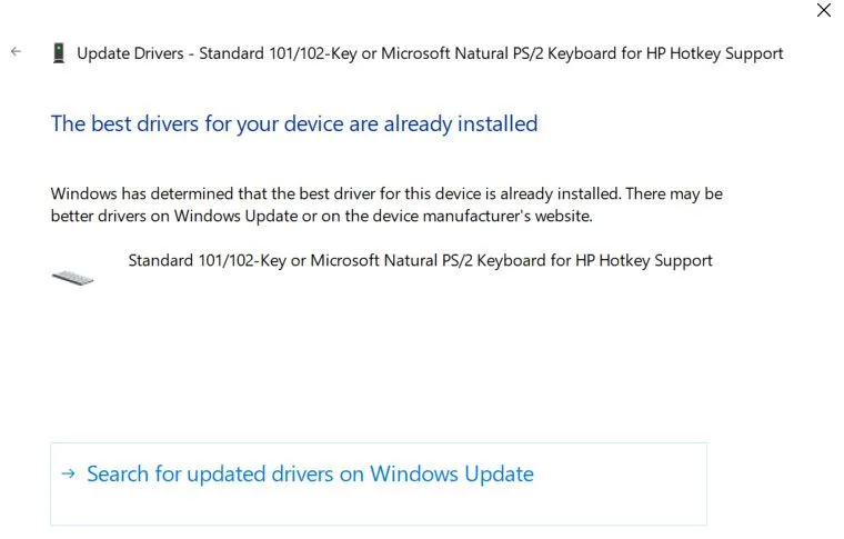 Cửa sổ Trình quản lý Thiết bị trong Windows, hiển thị tùy chọn 'Tìm kiếm driver đã cập nhật trên Windows Update' để cập nhật driver bàn phím.