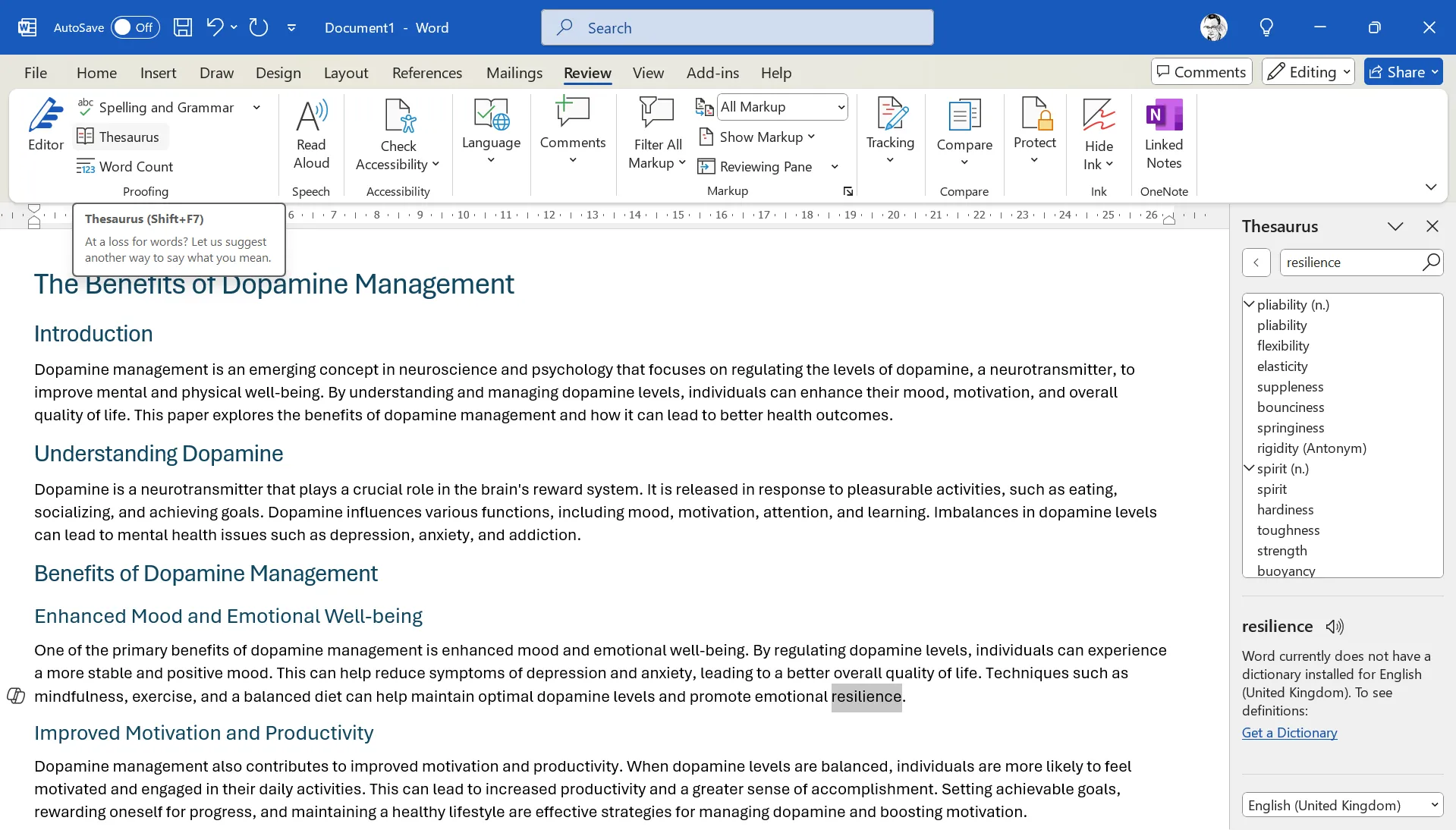Cửa sổ từ điển đồng nghĩa trong Microsoft Office