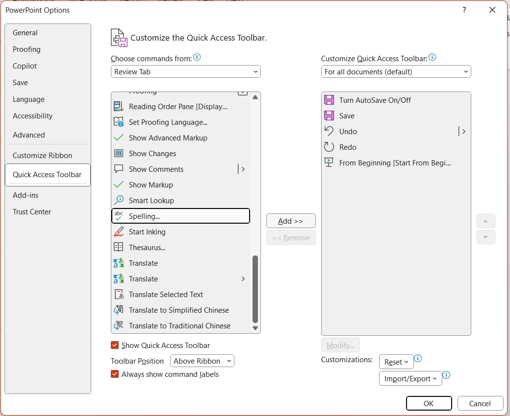 Cửa sổ tùy chỉnh để thêm lệnh vào Thanh công cụ Truy cập Nhanh (Quick Access Toolbar) của PowerPoint.