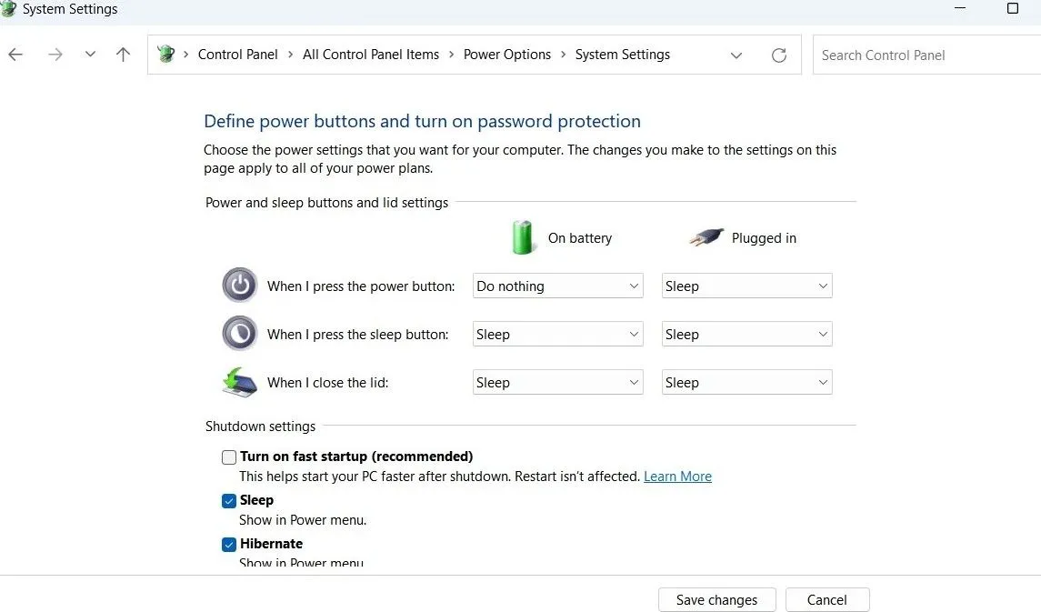 Cửa sổ Tùy chọn Nguồn trên Windows hiển thị tùy chọn tắt tính năng Khởi động nhanh (Turn on fast startup).