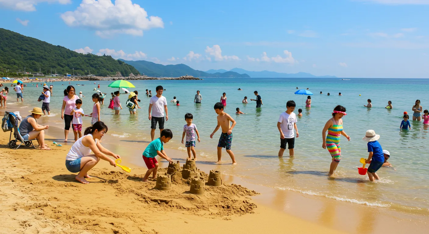 Đám đông người trên bãi biển với các nhân vật ở hậu cảnh bị mờ, méo mó hoặc tư thế bất thường.