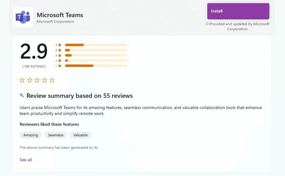 Đánh giá ứng dụng Microsoft Teams trên Microsoft Store với xếp hạng 2.9 sao
