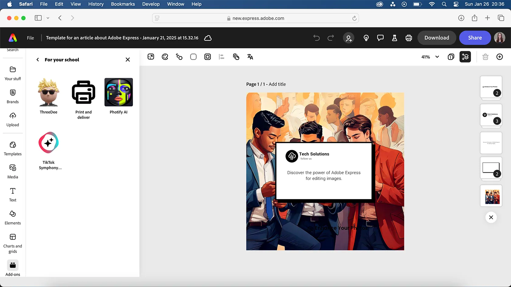 Danh sách các Add-Ons khả dụng cho gói Adobe Express dành cho giáo dục, cho thấy số lượng và loại Add-Ons bị hạn chế rõ rệt so với các gói khác.