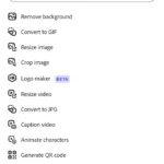Danh sách các "Hành động nhanh" trong Adobe Express, hiển thị các công cụ tiện ích.