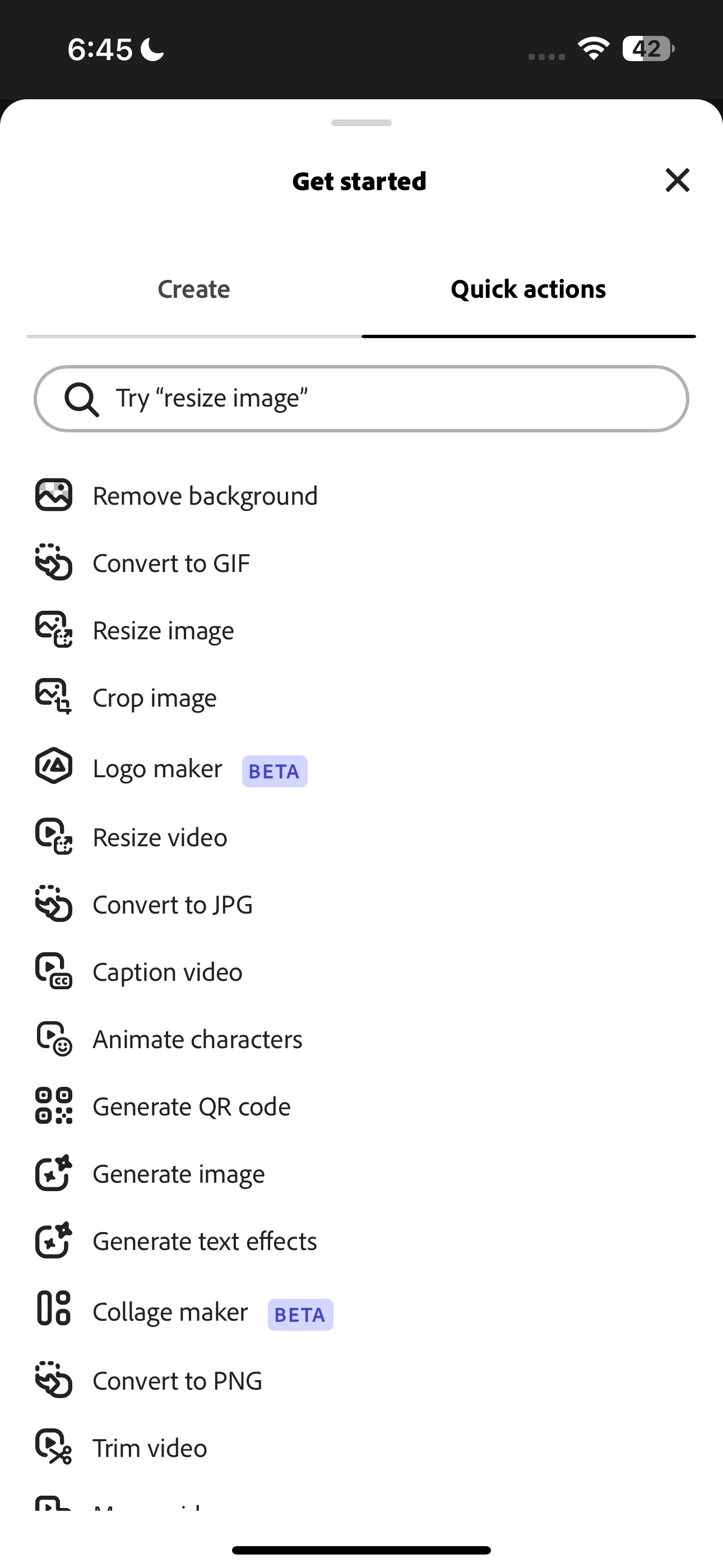 Danh sách các "Hành động nhanh" trong Adobe Express, hiển thị các công cụ tiện ích.