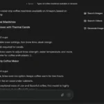 Danh sách các loại máy pha cà phê nhỏ giọt hiển thị trên giao diện ứng dụng Perplexity AI, minh họa tính năng tìm kiếm và trình bày kết quả.