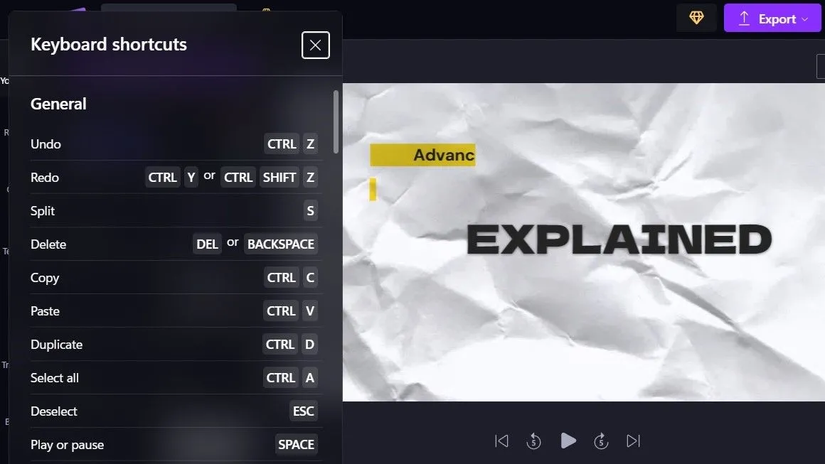 Danh sách các phím tắt bàn phím tiện lợi trong Microsoft Clipchamp