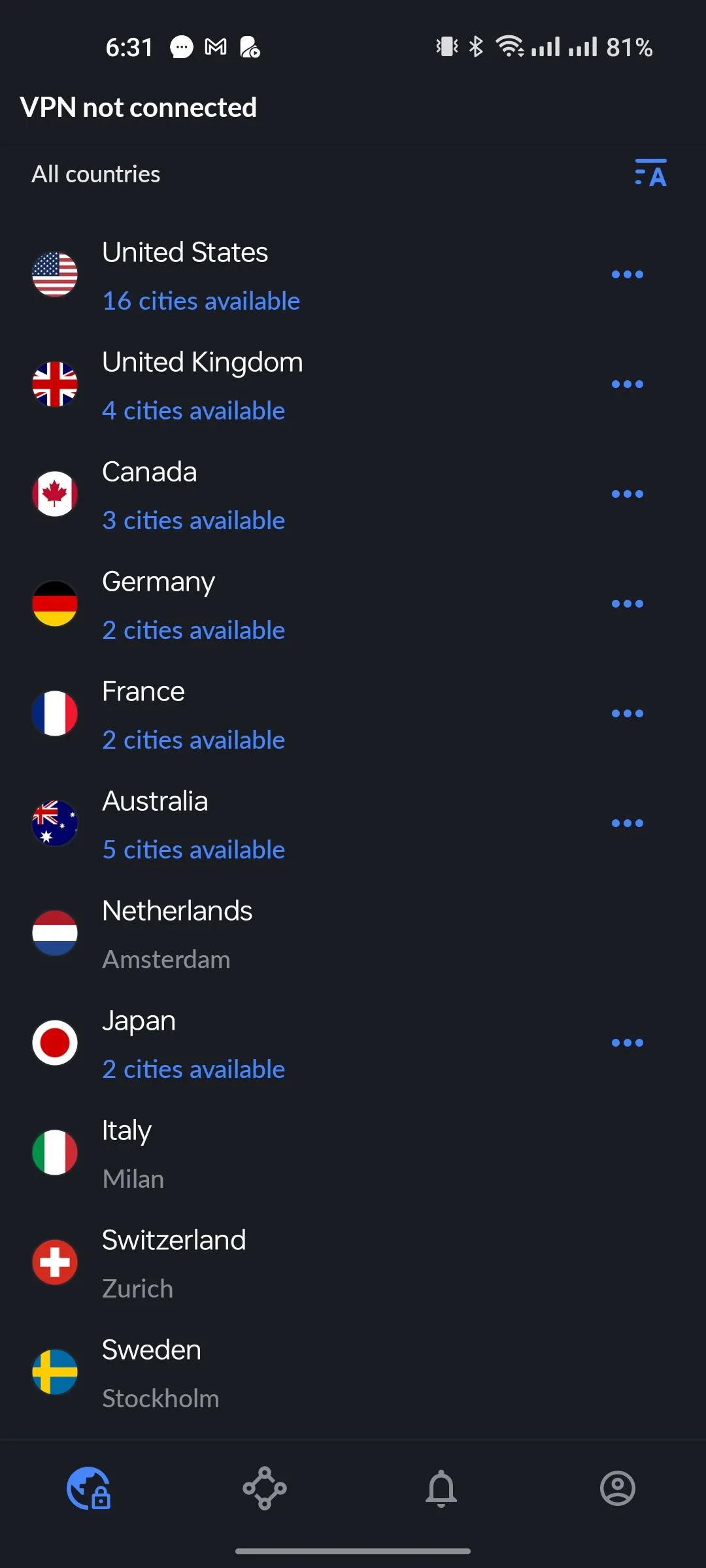 Danh sách các quốc gia trong ứng dụng NordVPN