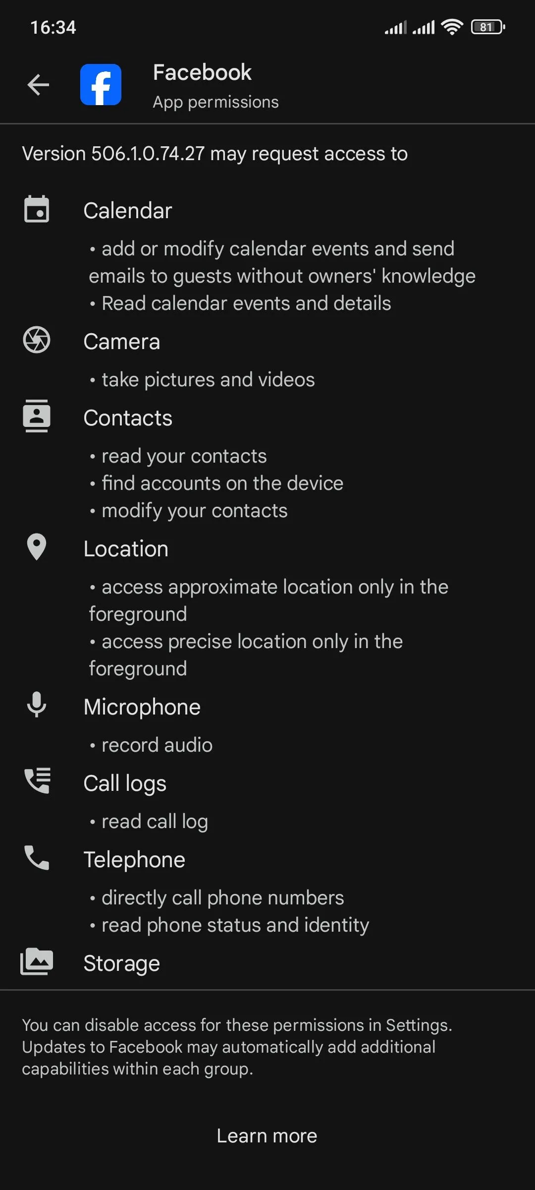Danh sách các quyền truy cập mà ứng dụng Facebook yêu cầu trên Google Play Store trước khi cài đặt.