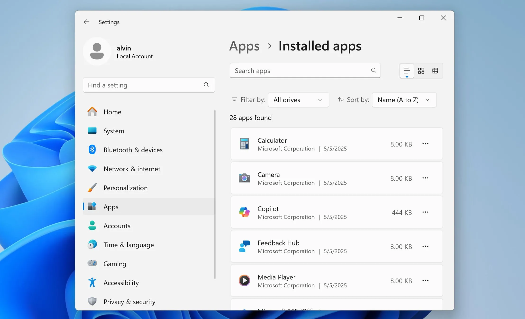 Danh sách các ứng dụng đã cài đặt trên Windows 11 trong phần Cài đặt