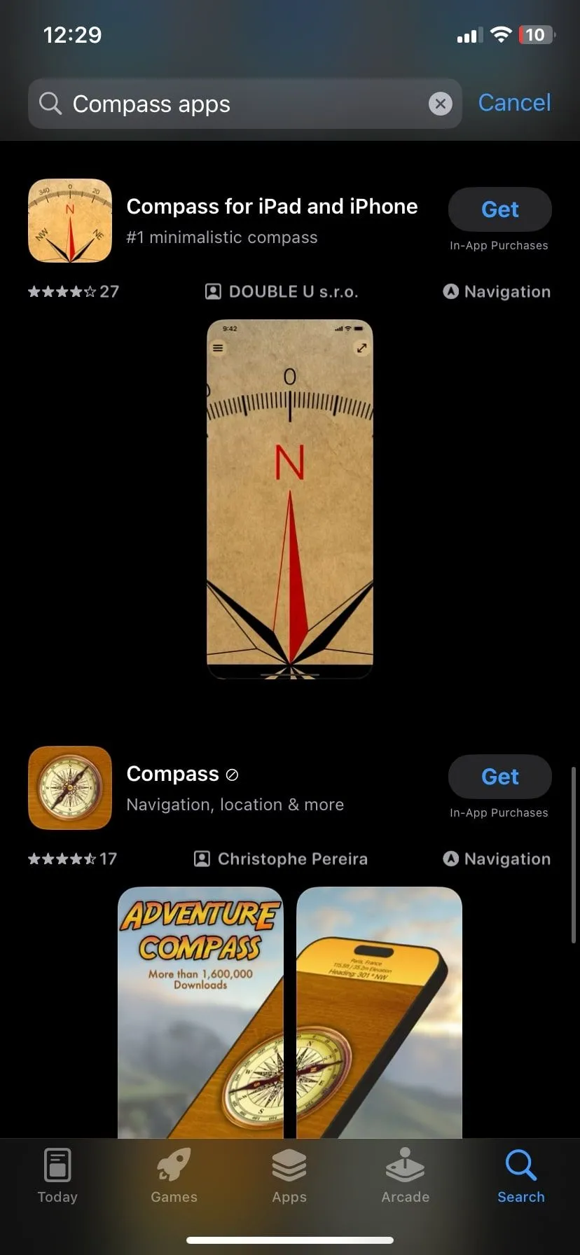 Danh sách các ứng dụng la bàn từ bên thứ ba trên App Store, đa số trùng lặp tính năng với iPhone.