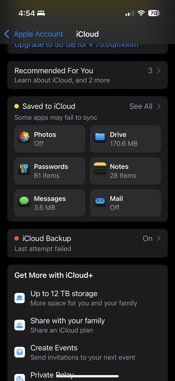 Danh sách dữ liệu ứng dụng được lưu trữ trong iCloud, cho phép người dùng xem và quản lý dung lượng mà mỗi ứng dụng đang chiếm.