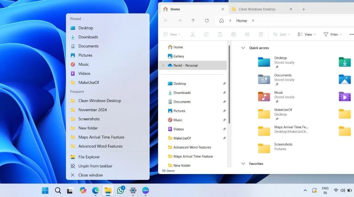 Danh sách Jump List trên Taskbar của Windows hiển thị các thư mục đã ghim trong File Explorer, giúp truy cập nhanh chóng.