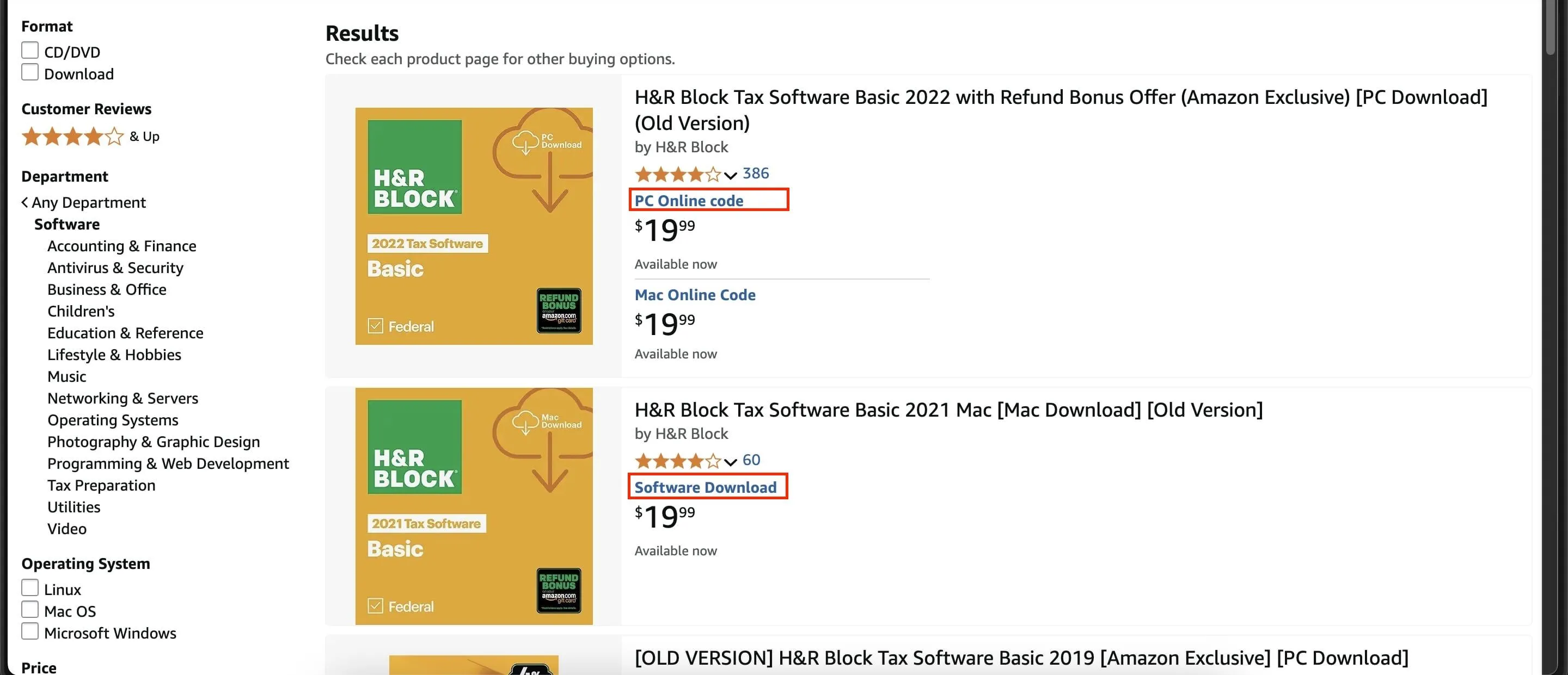 Danh sách phần mềm trên Amazon hiển thị rõ ràng phương thức giao hàng là mã trực tuyến, tải xuống kỹ thuật số hay đĩa CD-ROM.