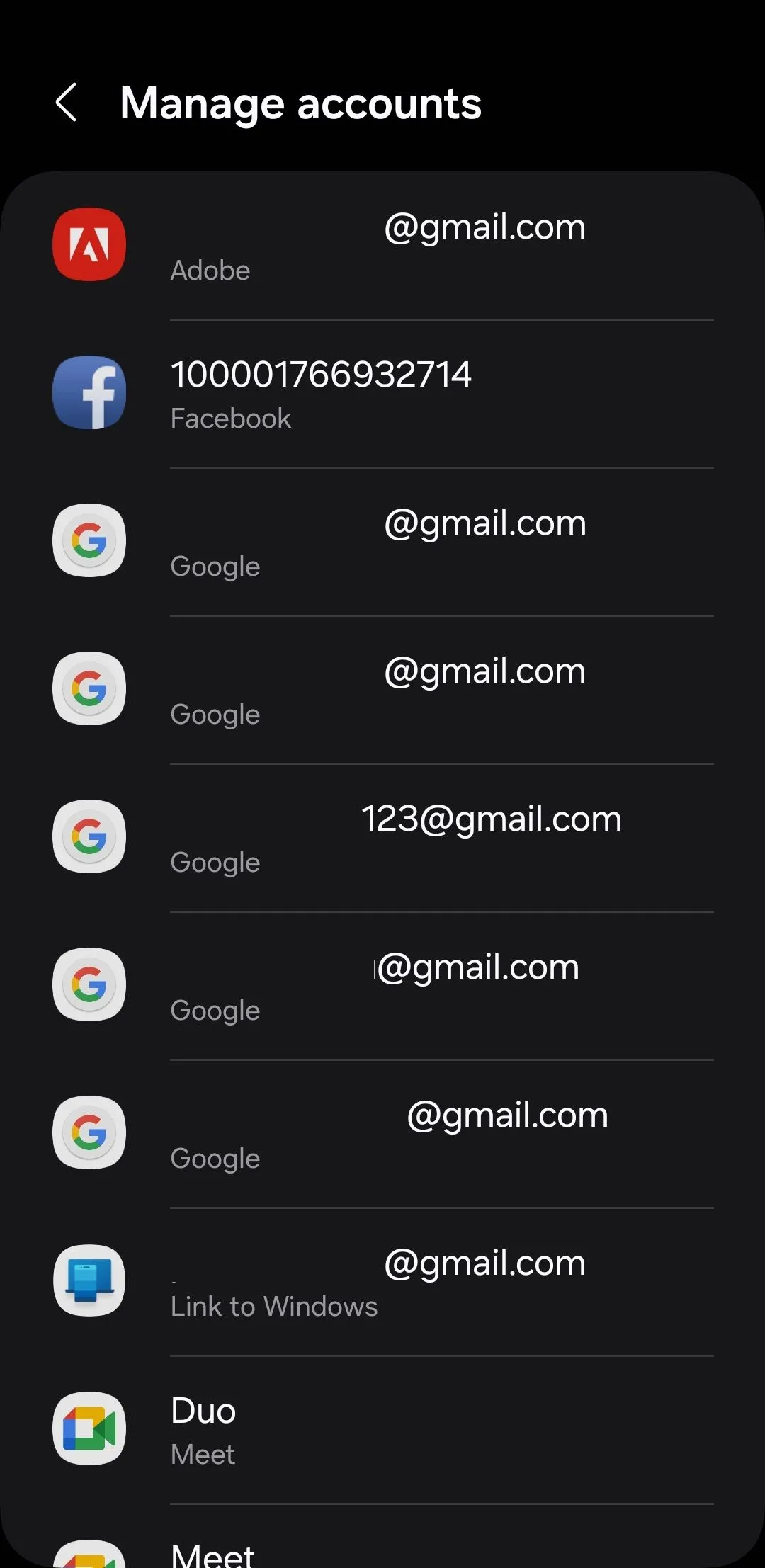 Danh sách tài khoản trên Android