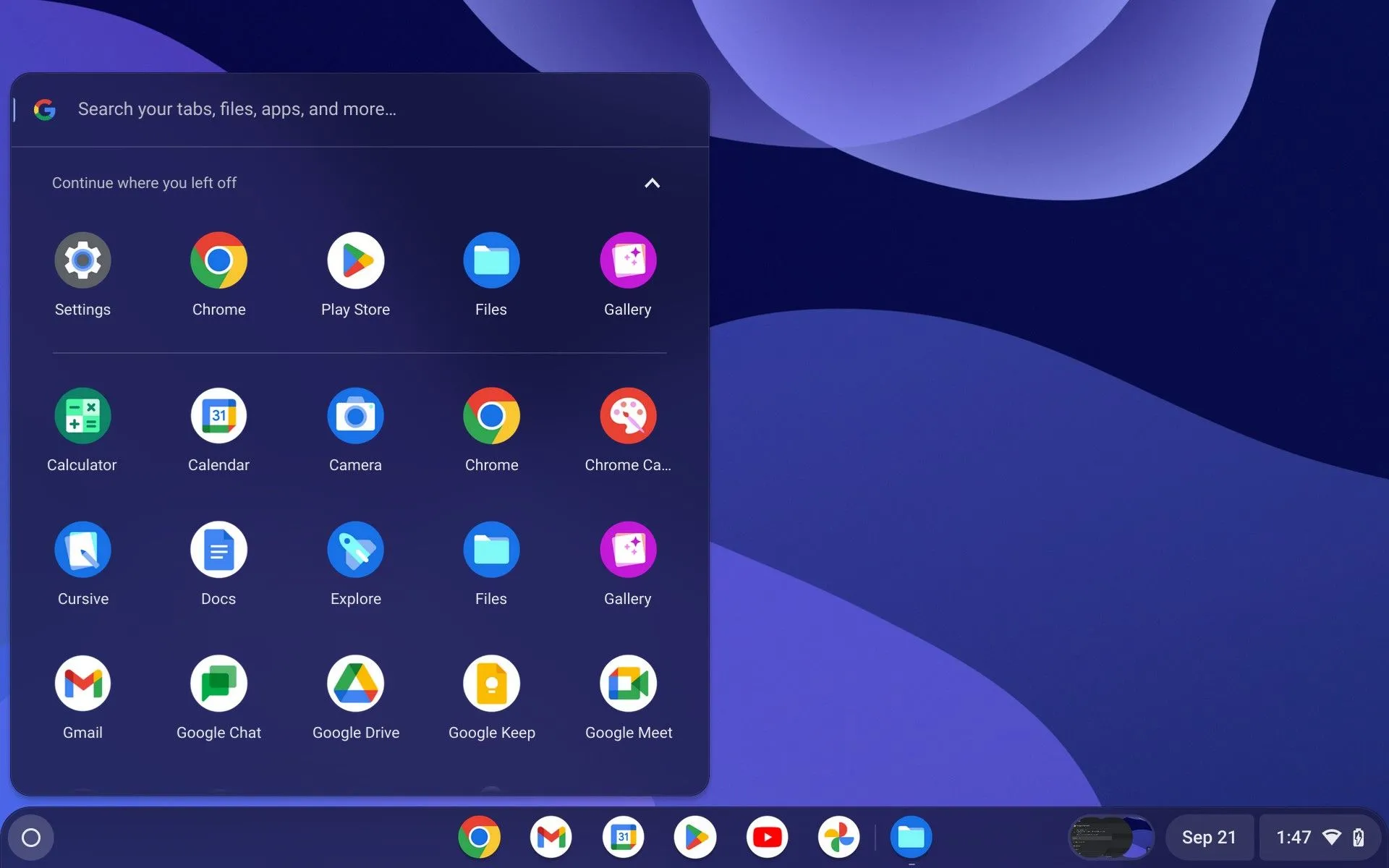 Danh sách ứng dụng và biểu tượng trong menu Chromebook, thể hiện khả năng tùy biến màn hình chính và giao diện
