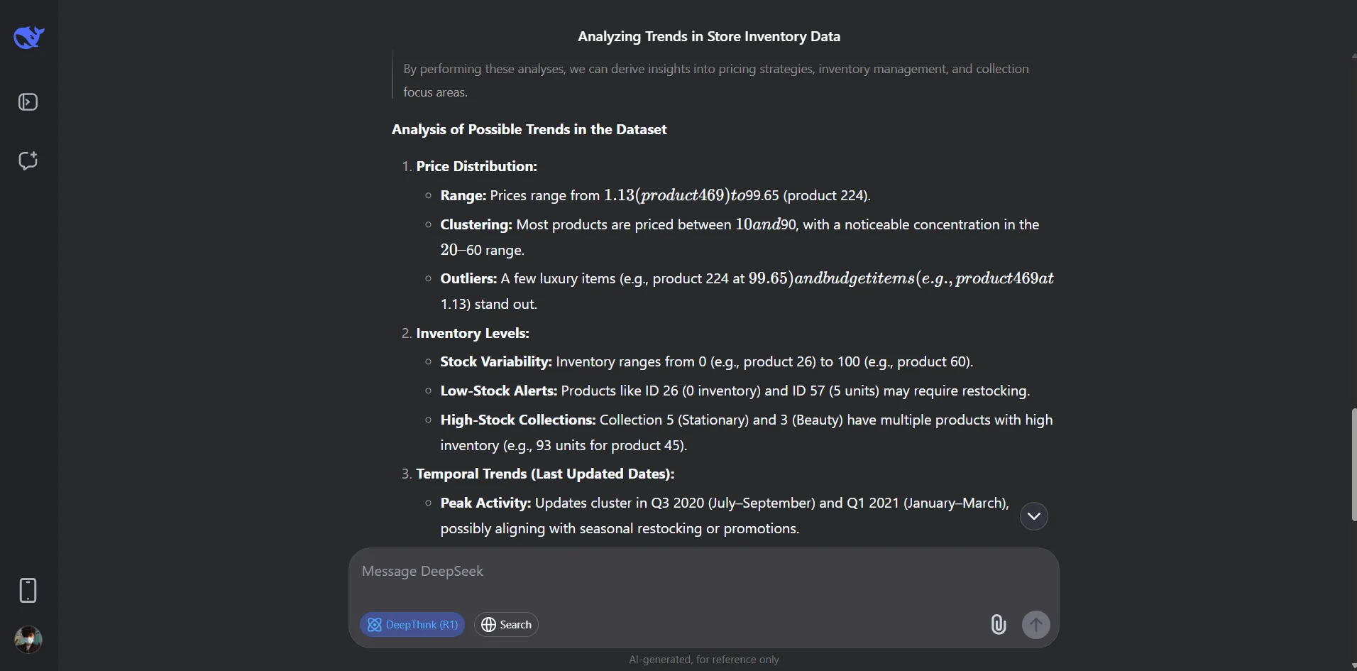 DeepSeek AI phân tích file dữ liệu cơ sở và cung cấp các insights giá trị về phân phối giá, mức tồn kho và hoạt động đỉnh điểm.