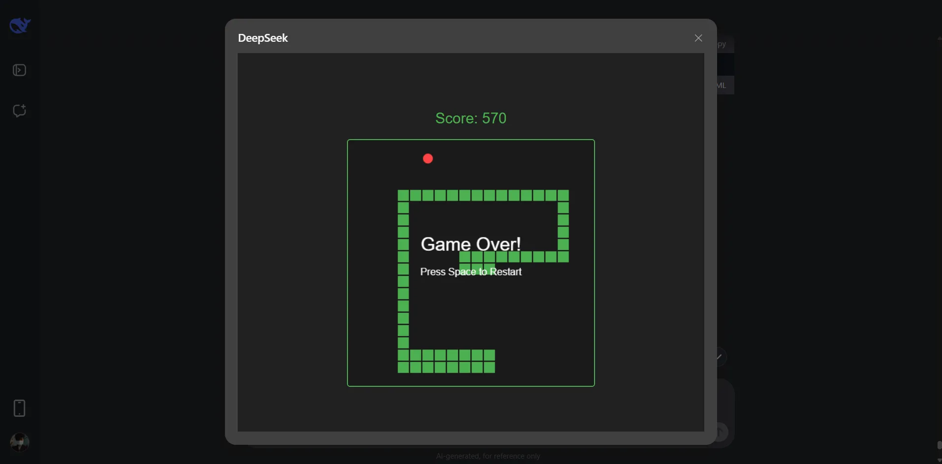 DeepSeek tạo mã nguồn game Rắn (Snake game) bằng HTML, CSS, JavaScript với các tính năng hoàn thiện, thể hiện hiệu quả trong sinh code và gỡ lỗi.