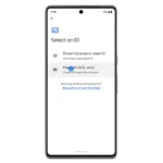 Điện thoại Android hiển thị giao diện Google Wallet với tính năng thêm hộ chiếu hoặc ID kỹ thuật số