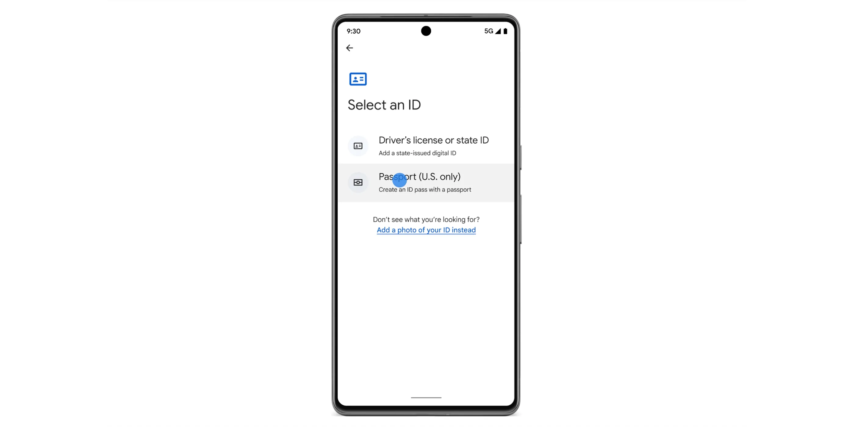 Điện thoại Android hiển thị giao diện Google Wallet với tính năng thêm hộ chiếu hoặc ID kỹ thuật số