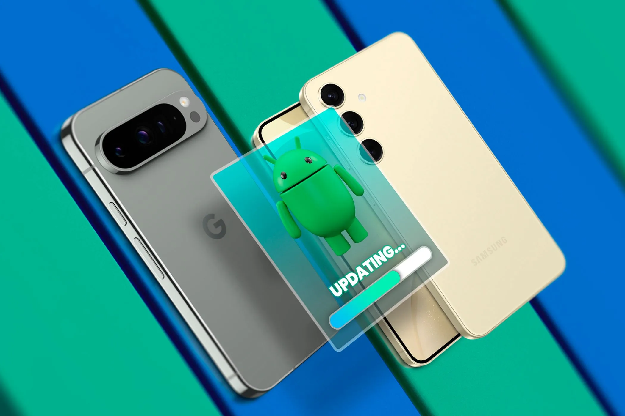 Điện thoại Google Pixel và Samsung Galaxy hiển thị thông báo cập nhật Android, thể hiện tầm quan trọng của việc cập nhật hệ điều hành và ứng dụng để bảo mật.